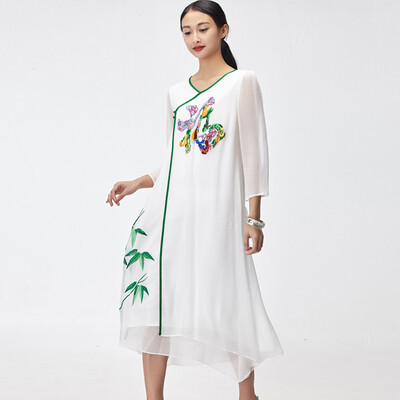 

women dresses summer mulberry silk floral Embroidery elegant female half sleeve O-neck long beach bohemia dresses casual vintage