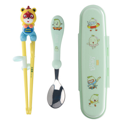 

Small bean seedlings childrens stainless steel food supplement cutlery set combination baby training learning chopsticks infant stainless steel spoon green newborn