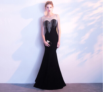 

Velvet rhinestone evening dress new banquet long noble elegant slim fish tail annual host