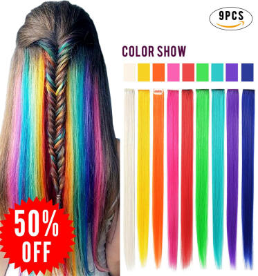 

Rhyme 9PCS Wig Pieces For America Girls&Dolls Clip InOn Colored Hair ExtensionsRainbow Color