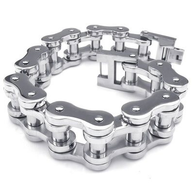 

Hpolw Mens silver Stainless Steel Bolt buttoned Bicycle-chain Heavy Wide Biker Bracelet