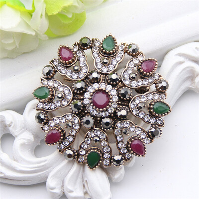 

Vintage Turkish Rhinestone Flower Brooch For Women Antique Gold Color Multicolor Resin Round Brooches Broches Party Scarf Pins
