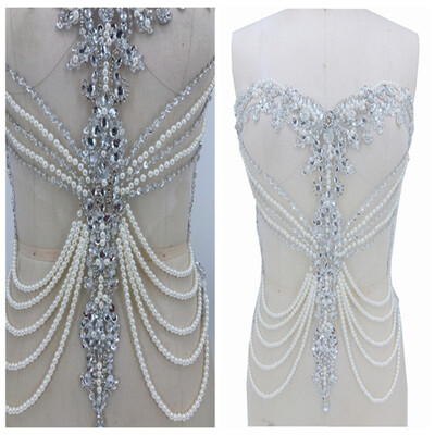 

hand made silver sew on peal Rhinestones applique on white mesh crystals patches trimming 3845cm for wedding dress accessory