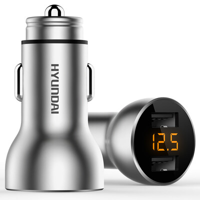 

Hyundai HYUNDAI car charger 42A smart fast charge C12 metal material is not long hot double USB one drag two car charger cigarette lighter voltage detection digital display