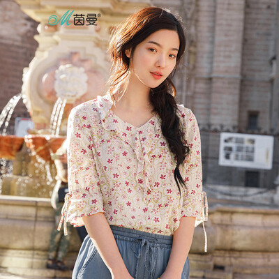 

INMAN 2018 summer new ruffled V-neck cropped sleeves fresh small floral loose hooded shirt female 1882011503 dark red XL