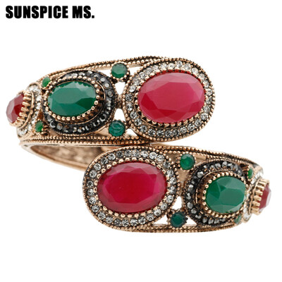 

Fashion Turkish Women Big Resin Blue Vintage Bangle Bracelets Antique Gold Color Cuff Jewelry Round Crystal Ethnic Retro Bijoux