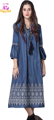 

M L chest 92-99cm casual cotton autumn 2017 long jeans dress women 34 sleeve blue denim embroidered loose