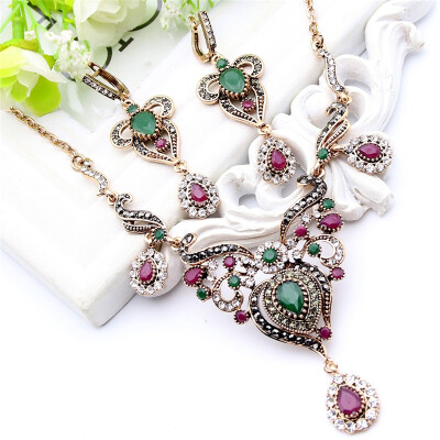 

Vintage Women Flower Antique Gold Color Jewelry Sets Turkish Resin Jewelry Drop Earrings Necklace Arabia Bridal Wedding Jewelry