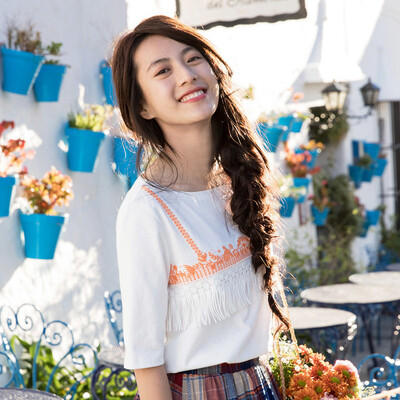 INMAN Womens T-Shirt Loose Mid-Sleeve Embroidered Fringe T-Shirt