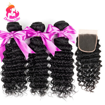 

Мечта, как бразильские волосы Deep Wave 3 Связки с закрытием 100% натуральных волос Virgin