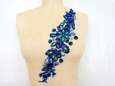 

Handmade dark-blue crystal patches sew on Rhinestones applique with stones sequins beads 3610cm for top dress