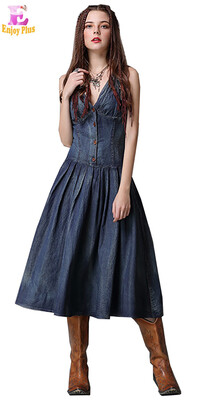 

S M L elegant cotton new summer 2018 long jeans dress women sleeveless denim dark blue mid calf pleated a line deep V neck