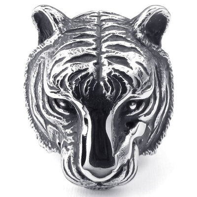 

Hpolw Mens New Design US&Europe Style Party Animal Fashion Big Tiger Ring For Men Heavy Metal Punk Animal Jewelry Black Silver