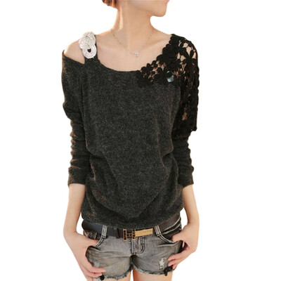 

CT&HF Women Hook Flower One Shoulder Pullover Sweater