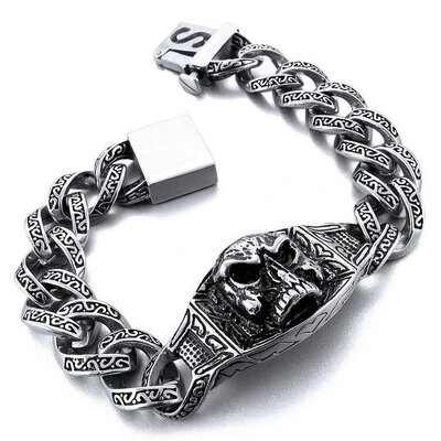 

Hpolw New Trendy Mens Large Heavy Stainless Steel Casting Silver Gothic Skull Skeleton Bracelet Lobster Clasps Link Wrist
