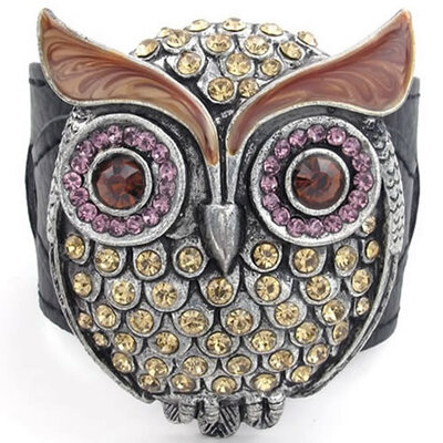 

Hpolw Womens Crystal Leather Bracelet, OWL Cuff Bangle, Brown Purple Black