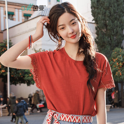 

INMAN 2018 summer new round neck lace bat sleeve loose T-shirt female 1882022079 jam red L