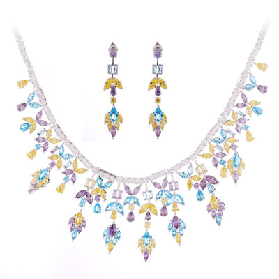

Aiyaya High Quality Cubic Zircon Waterdrop Leaf Multicolor Flower Earrings and Necklace Sets