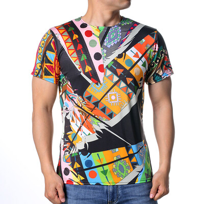 

Fashion Mens O-neck Tops Multicolor Geometric Pattern Print Pullover T-Shirts