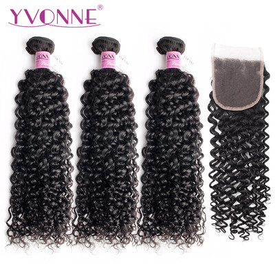 

Yvonne Hair Malaysian Curly Natural Color 100% Virgin Brazilian Human Hair 3 Bundles With 4x4 Free Part Lace Closure Бесплатный Shippi