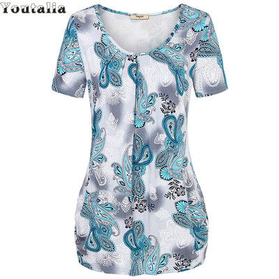 

Summer Style Tops Short Sleeve O-neck Knitted Women T-Shirts Elegant Pleated Floral Print Basic Tee Shirts  Plus Size Top