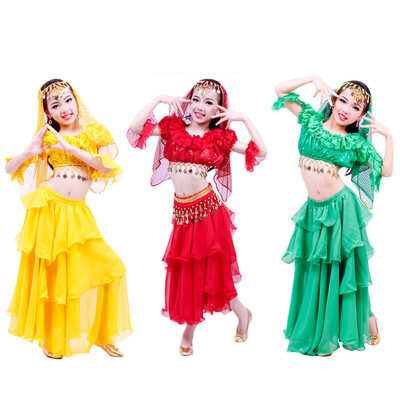 

2017 ChildrenGirlsKids Dance Clothes 5 PieceTopCake SkirtWaist ChainVeil Sleeve Arm Costume For Belly Dance Belli Danc