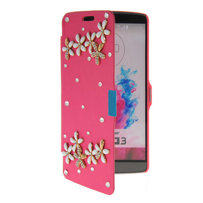

MOONCASE Bling Rhinestone Crystal Ultre Slim Leather Side Flip Wallet Shell Back Case Cover for LG G3 Hot pink