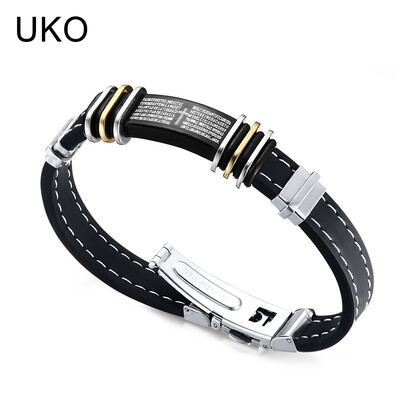 

UKO Cross Cuff Bracelet Men Jewelry 85inch Stainless Steel Silicone Chain Souvenirs&gifts for Male 19cm