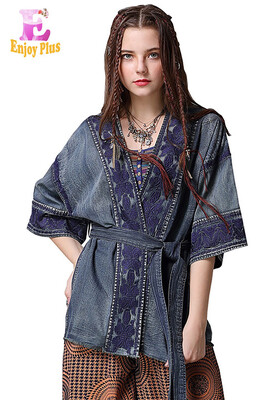 

L vintage cotton new spring 2018 long blouse women three quarter sleeve blue jeans denim V neck embroidery loose belt casual