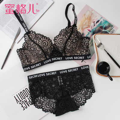 

Honey no trace no rim sexy lace sports underwear ladies gather small chest bra girl bra set WN5006 black 70A