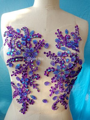 

Handmade crystal patches sew on Rhinestones purple applique with stones sequins beads 3127cm for dress