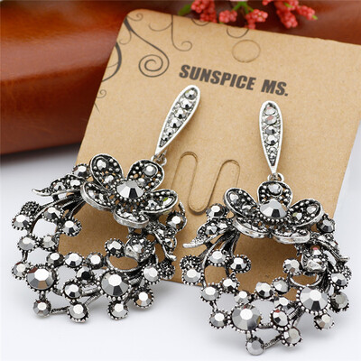 

Fashion Bohemia Ethnic Rhinestone Big Flower Dangle Earrings Antique Silver Color Crystal Drop Earring Turkish Indian Jewelry