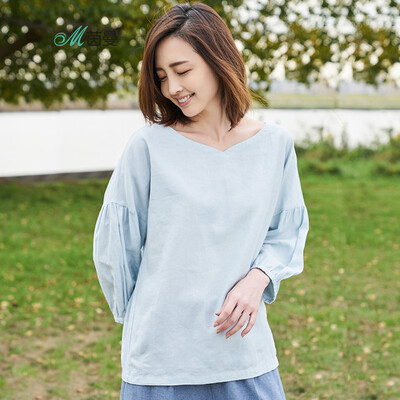 

INMAN literary art before&after wearing long-sleeved V-neck cotton&linen pullover shirt female 18810VP11064 blue green M