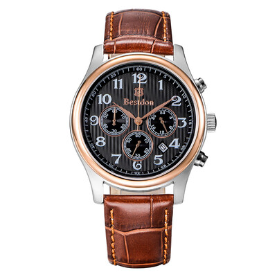

BESTDON BD9918G Mens Fashionable Waterproof Quartz Wrist Watch with Three Small Dials BlackGoldBrown