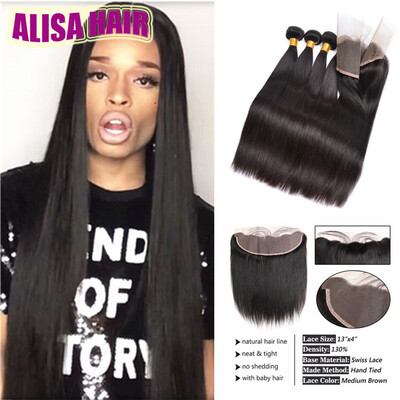 

Ear to Ear Lace Frontal with 4 Bundles Brazilian Virgin Human Hair with 134 Top Lace Frontal Closure Hairline Lace Frontal with B