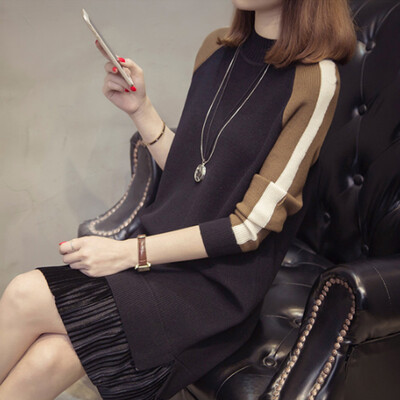 

Arthur magic dress dress Korean temperament long paragraph head color matching pleated hem knit skirt sweater skirt SH-18-29 black