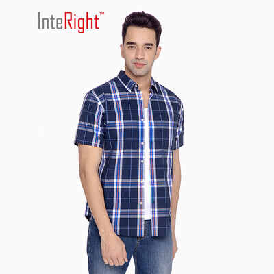 

INTERIGHT Shirt Mens Cotton Checkered Casual Shirt Short Sleeve Blue XL 41
