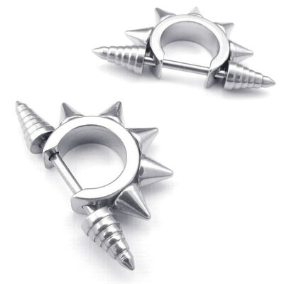 

Hpolw Mens Stainless Steel Punk Hip Hop Awl Taper Stud Huggie Hinged Hoop Earrings Set Silver