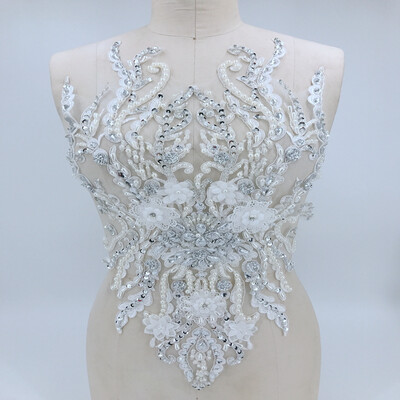 

hand made ivory white lace trimming patches Three-dimensional applique with peal silver Rhinestones 5531cm for wedding dress