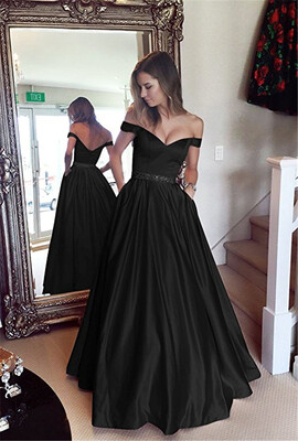 

Off The Shoulder Beaded Satin Evening Prom Dress with Pocket