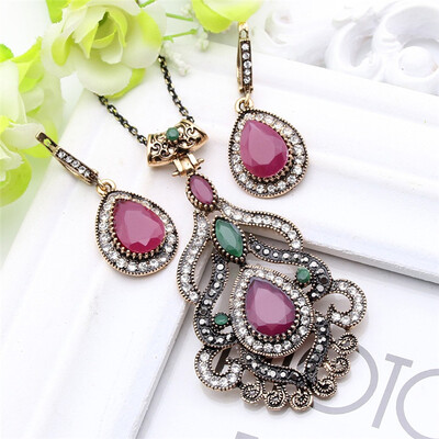 

Vintage Turkish Flower Resin Jewelry Sets Drop Hook Earring Long Necklace Women Antique Gold Color Crystal Indian Jewelry Set