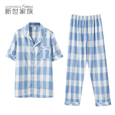 

New World Family Couple Pajamas Summer 2018 New woven Plaid Cotton Cardigan Short Sleeve Home Service Set Blue L