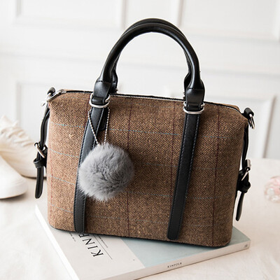 

2016 new woman leather handbag woolen plaid Boston ultra portable shoulder bag brand designer messenger bags tote bags