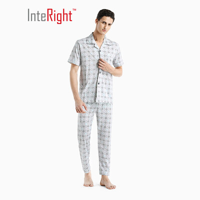 

INTERIGHT home service mens mens cotton print cool short-sleeved home service suit rice white coffee letter printing AM