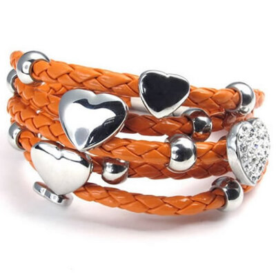 

Hpolw Stainless Steel Heart Charms Braided Leather Womens Bracelet, White Silver Orange