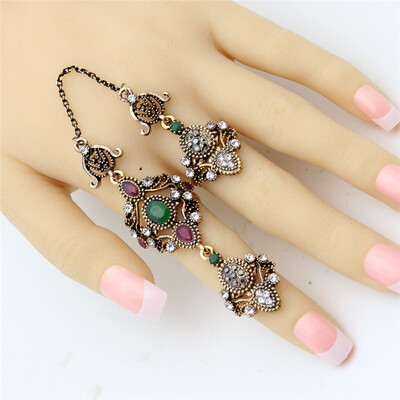 

Good Deal Vintage Turkish Double Finger Rings Women Antique Flower Rhinestone Ring Anillos Ethnic Dance Decoration Retro Jewelry