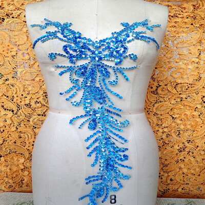 

Pure hand made sky blue sew on Rhinestones applique crystals patches 5828cm dress accessory