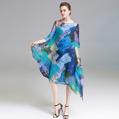 

Women Summer dress loose style Nature silk dresses female TrumpetMermaid Soft gentle fashion dresses Printed vestidos big size