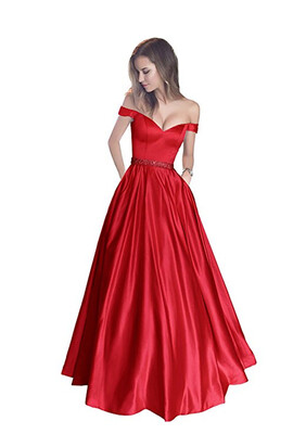

Off The Shoulder Beaded Satin Evening Prom Dress with Pocket