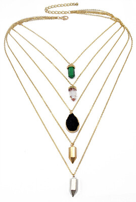 

Idealway New Fashion Bohemian Gold Multilayer Chains Geometric Crystal Natural Turquoise Quartzs Stone Pendant Long Necklace